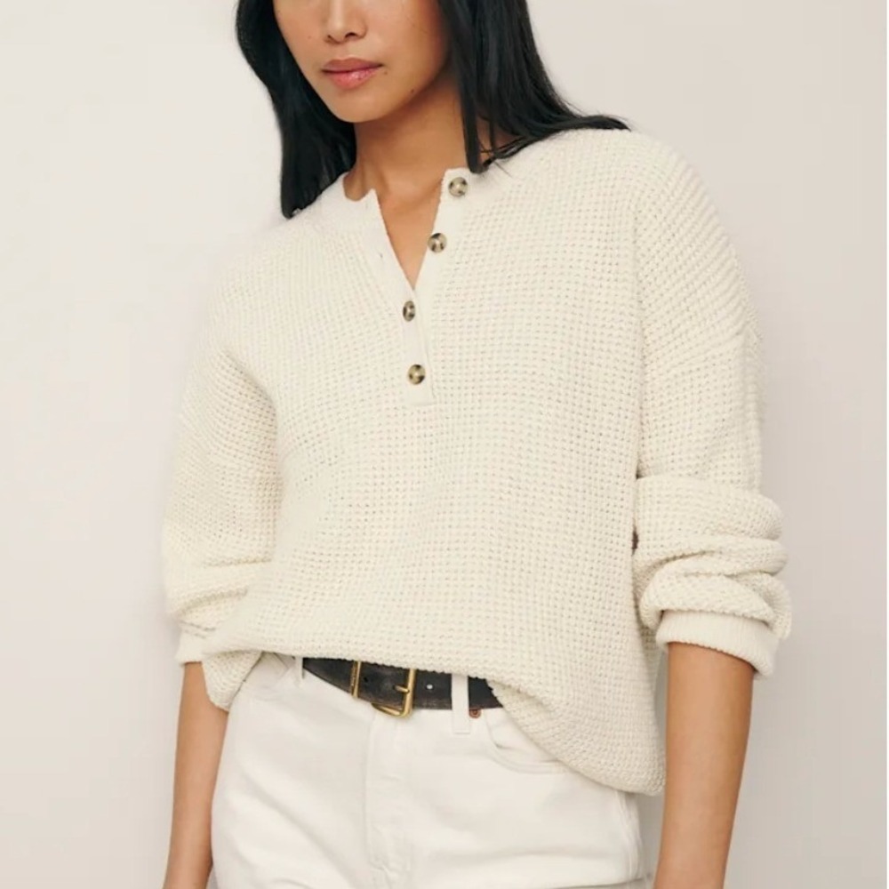 Reformation Georgie Cotton Henley Knit Sweater Cream XS Organic Waffle Pullover